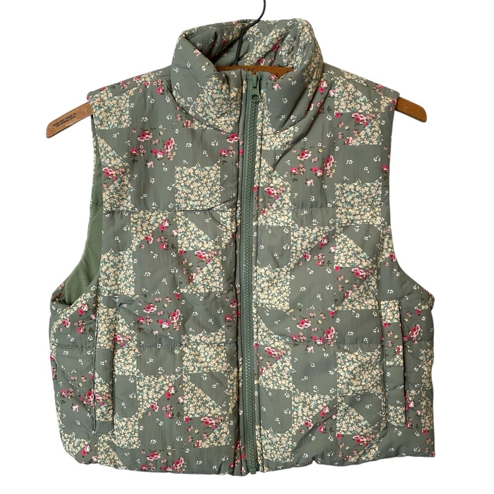 Sage Green Floral Puffer Vest Patchwork Quilt Design S